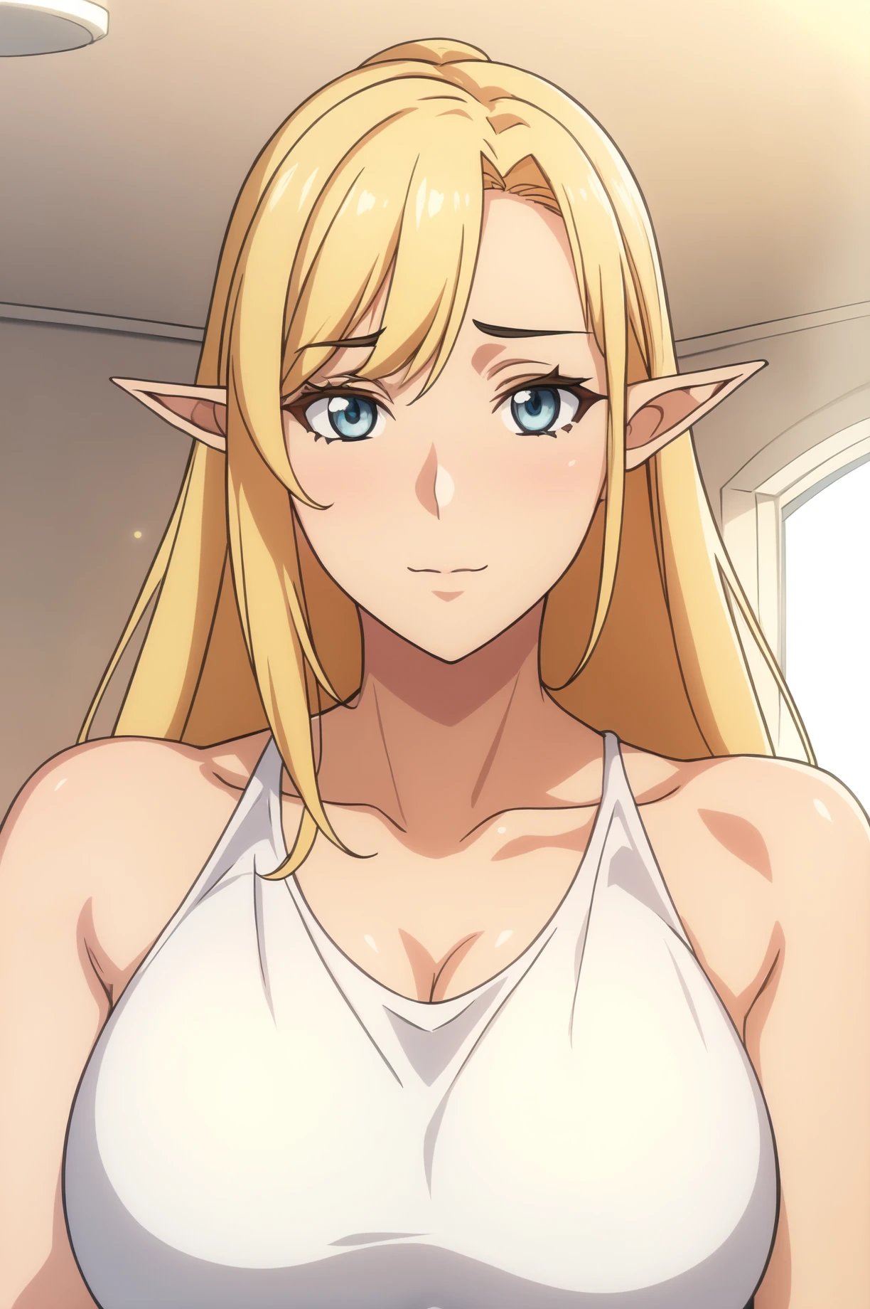 Simple Background,(White_Background:1.1),
dynamic pose,standing at attention,
white tank top dress,bare shoulders, bare arms, collarbone, cleavage, strap, 
<lora:Blonde_Elf_S3EP66_Slime-KK77-V1:0.7>,Blonde_Elf_S3EP66_Slime, slave, 
blue eyes, blonde hair, bangs,Long hair,Makeup, red lipstick, 
<lora:more_details:0.1>,<lora:NovelAI_YesMix5_KKStyle-KK77-Yes5-V1:0.3>,<lora:Oda_Non_Style2-KK77-Yes5-V1:0.3>,
1 girl, 20yo,Young female,Beautiful long legs,Beautiful body,
Beautiful Nose,Beautiful character design, perfect eyes, perfect face,expressive eyes,perfect balance,
looking at viewer,(Focus on her face),closed mouth, (innocent_big_eyes:1.0),(Light_Smile:0.3),
official art,extremely detailed CG unity 8k wallpaper, perfect lighting,Colorful, Bright_Front_face_Lighting,White skin,
(masterpiece:1.0),(best_quality:1.0), ultra high res,4K,ultra-detailed,
photography, 8K, HDR, highres, absurdres:1.2, Kodak portra 400, film grain, blurry background, bokeh:1.2, lens flare, (vibrant_color:1.2),professional photograph,
(Beautiful,large_Breasts:1.4), (beautiful_face:1.5),(narrow_waist),