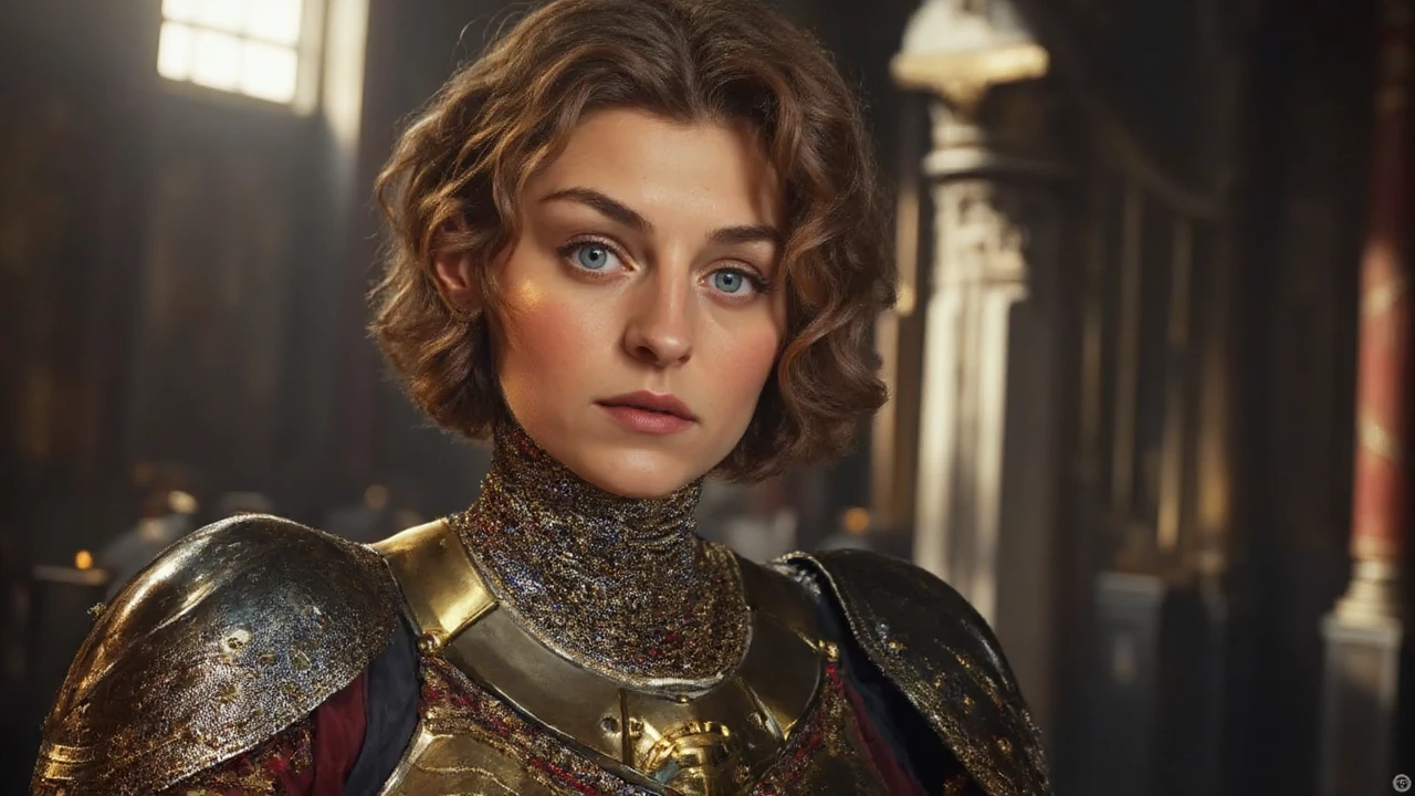 A distinguished 3mc0rr captain of the guards stands in full regalia in her quarters, exuding authority and experience. Her striking blue eyes command attention, contrasting with her neatly cropped chestnut curly hair. The bear crest on her armor symbolizes her strength and loyalty. This vivid portrayal, whether a painting or photograph, captures the essence of a formidable and respected knight in exquisite detail and quality.