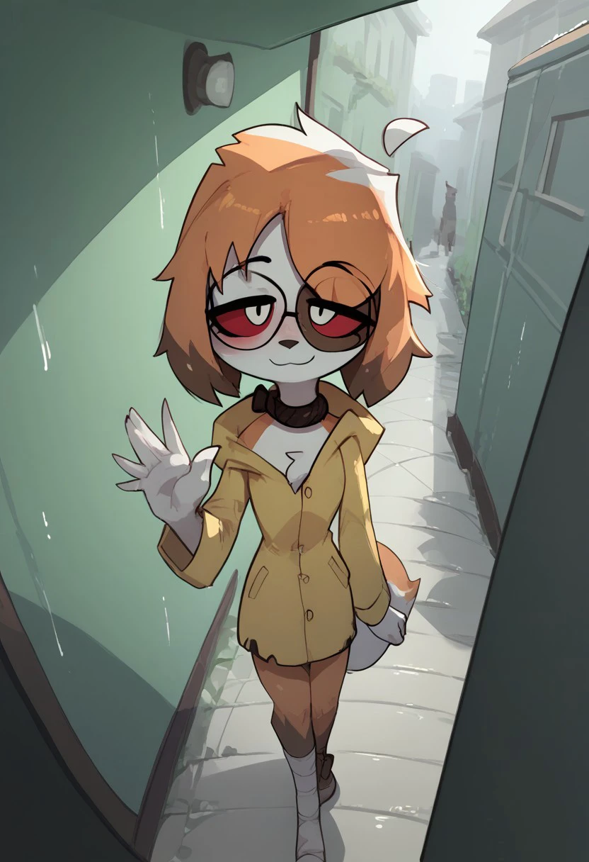 Expressiveh, shuuko, score_9, score_8_up, score_7_up, score_6_up, score_5_up, best quality, high quality, good anatomy, realistic, high res, nice shading, nice angle, high angle, outdoor, 1girl, solo, sol, furry, animal ears, dog ears, tail, ahoge, short hair, multicolored hair, orange hair, white hair, red eyes, white pupils, blush, skinny, petite body, cute face, sunglasses, round eyewear, hood, collar, bandages, bandaged legs, sad, smile, waving, raining, hallway, crowded people,