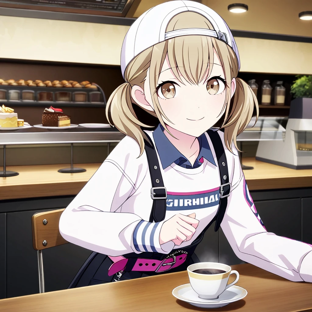 1girl, azusawa kohane, project sekai, masterpiece, very aesthetic, absurdres, official art,
brandnew kohane, solo, low twintails, blonde short hair, beige eyes,  sidelocks,
(looking at viewer:1.4), smiling, sitting on chair, cakes on saucer,  coffee cup on table, BREAK
asymmetrical sleeves, white long sleeves, white backwards cap, pink belt, black suspender skirt, collared shirt, zipper, zipper pull tab,
in cafeteria, cups and saucers, bar counter, large window, trees, table, chair,
<lora:sdxl-vbs-BNKh04:0.9:lbw=0,0,0.2,0.2,0,0.4,0.4,0,0.8,0.8,0,0,0,0.8,0.8,0.6,0.8,0.0,0.0,0.0,0,0,0,0,0,0>