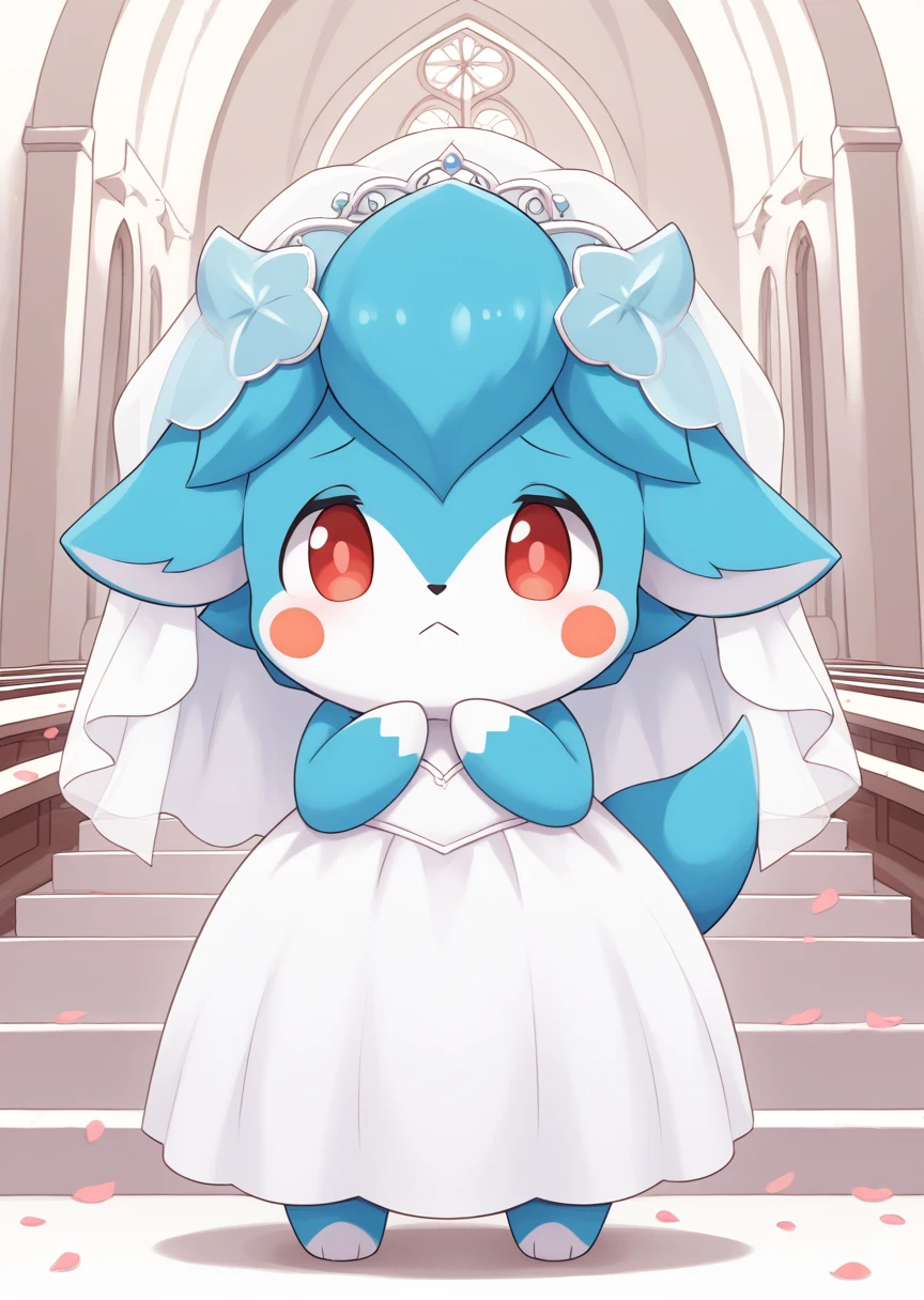 score_9_up, score_8, score_7, score_6, BREAK
Palimu, solo, looking at viewer, red eyes, closed mouth, standing, full body, no humans, blush stickers, blue fur, BREAK
detailed background, church, wedding dress, wedding veil, shy, blushing