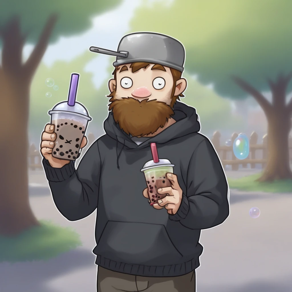 score_9_up, score_8_up, score_7_up, mikus-dave, brown hair, brown beard, frying pan on head, 1boy, solo, black sweater, gray shorts, park, holding, bubble tea