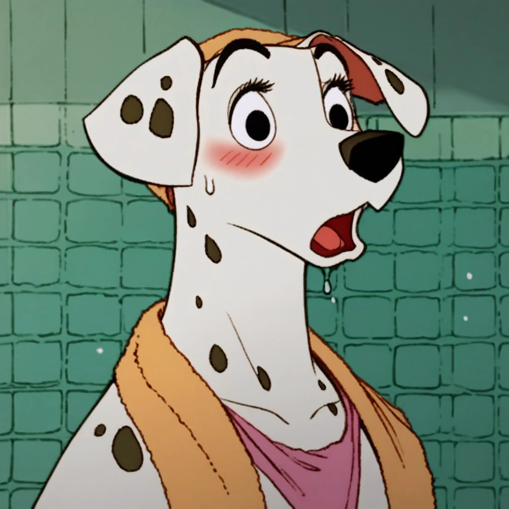 score_9, score_8_up, score_7_up,  j_cartoon, Disney, highly detailed, ((detailed shaders)), BREAK, perdita, ((Dalmatian)), black eyes, anthropomorphic dog, eyes open, eyes wide open, surprised expression, blushing, curvy body, wet, towel around her torso, towel on her head,