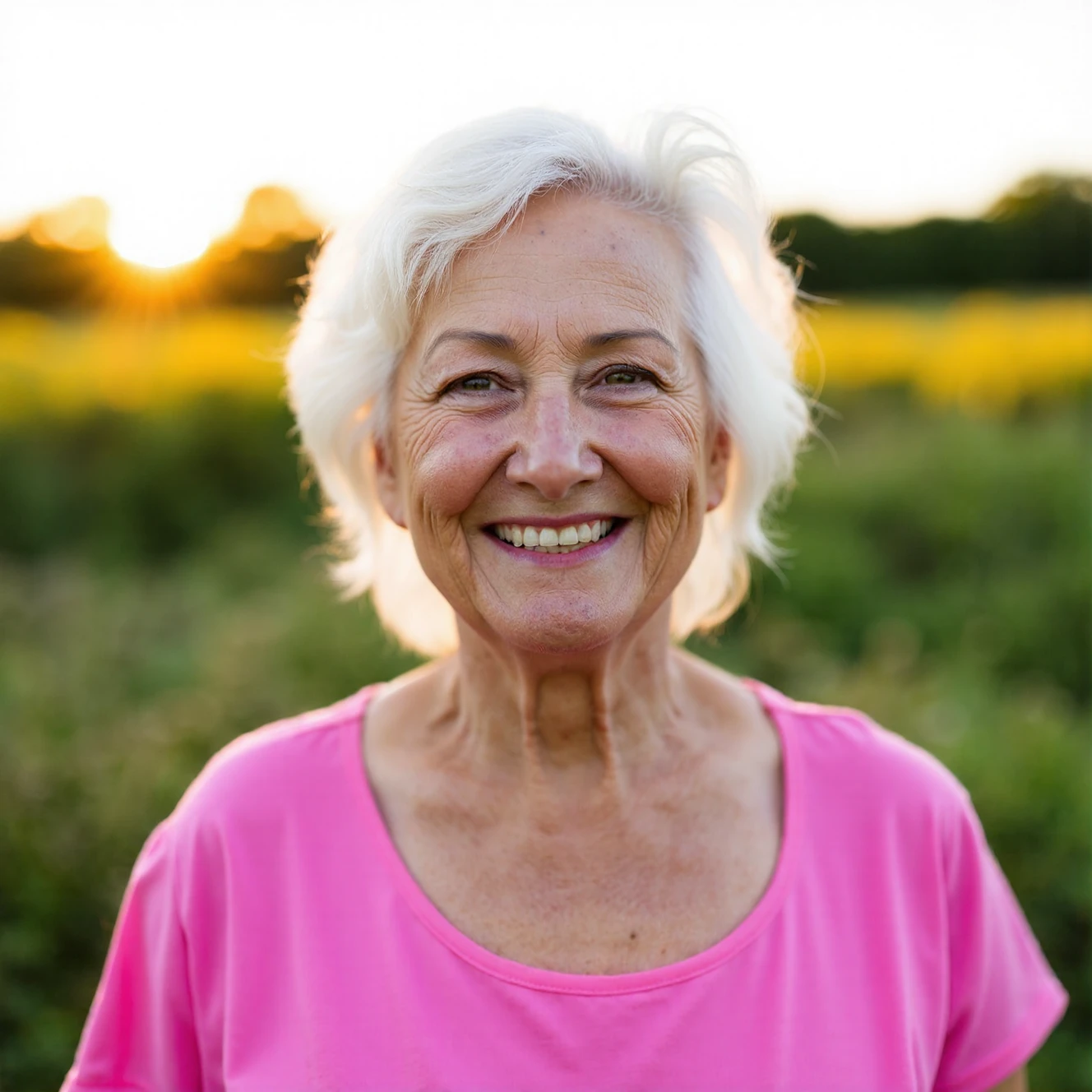 RAW photo, a candid full body portrait of a beautiful 70 year old woman, wrinkled face, (pink summer dress) in early morning light, golden hour, natural sunlight, 8k uhd, dslr, soft lighting, high quality, film grain, Fujifilm XT3
<lora:FLUX_polyhedron_all_1300:0.5> (pointy chin:1.5), (no cleft chin), (no chin dimple)   <lora:FLUX_polyhedron_chin_teeth_mouth-epoch000002:0.5>
(dappled light on face), sun on skin, spotlight on face, pointy chin, tiny teeth, closed mouth, (no freckles:0.5), perfect eyes, glowing irises, even eyes, even pupils, round iris, detailed pupils, light reflections, visible cornea, blood vessels, (wet skin:1.1), (sweat:1.1), white winter skin, wax skin, marble skin, pale skin, clear skin, [[skin blemishes]], skin pores, blush, flushed cheeks, [[[[[moles]]]]], wrinkles, [[[[vitiligo spots]]]], [[whiteheads]], [[[blackheads]]], [pimples], perfect hands, shiny bright eyes, centered pupils, blood vessels in sclera, detailed skin, [[oiled shiny skin]], beauty spots, skin fuzz, sss, subsurface scattering, shine from within, hands off face, not asian
background is a meadow at sunrise