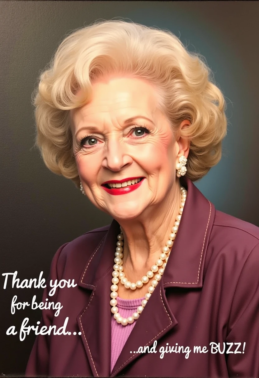 oil painting portrait of Betty White, old woman, text caption written on bottom "Thank you for being a friend... and giving me BUZZ!"