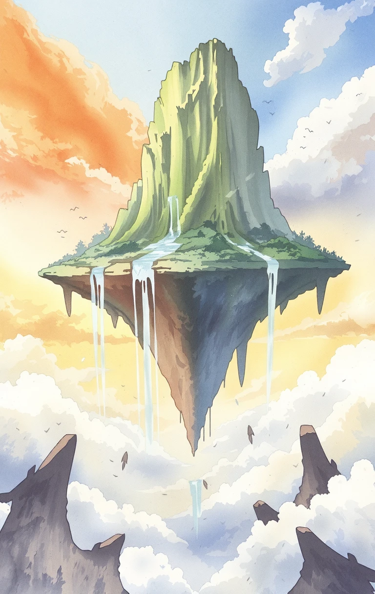 watercolor painting A giant, mysterious floating island in the sky, complete with waterfalls cascading down into the clouds below, surrounded by birds and floating rocks.