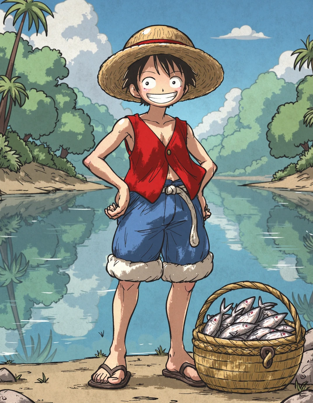 Monkey D. Luffy stands by a river, wearing his iconic red vest, blue shorts, and open-toed sandals. His famous straw hat, perched jauntily on his head, shields him from the sun. His tanned skin and carefree grin reflect his adventurous spirit. Nearby, a straw basket brims with a catch of fish, evidence of his successful fishing. The serene riverbank and lush greenery provide a tranquil backdrop, contrasting with his lively, animated presence.