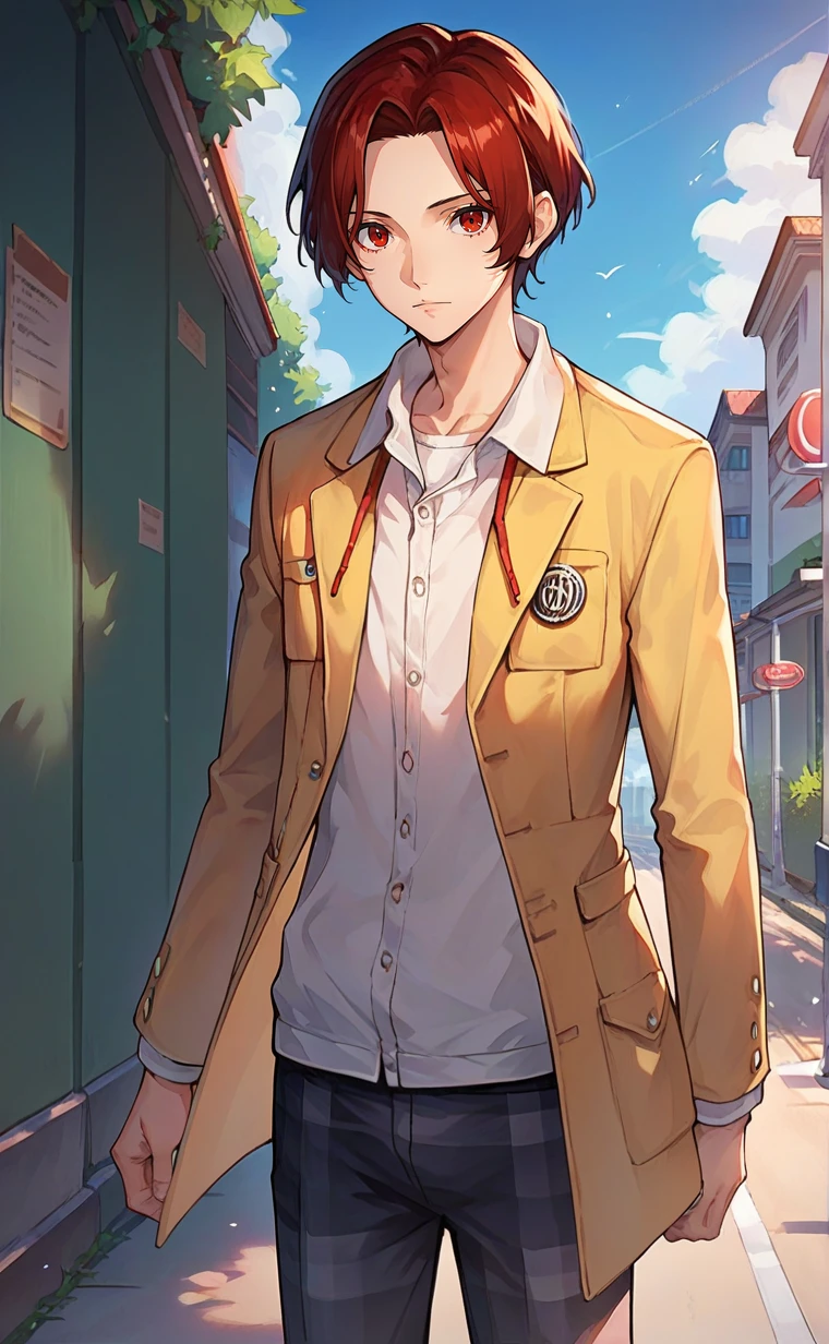 1 boy,male focus,wonder_p5x,solo,red eyes,dark red hair,short hair,eyelash,expressionless,yellow jacket,school uniform,pants,outdoor,school,,score_9,score_8_up,score_7_up,source_anime,light smile,happy,,<lora:Wonder:0.8>,<lora:Smooth Anime Style LoRA XL:0.8>