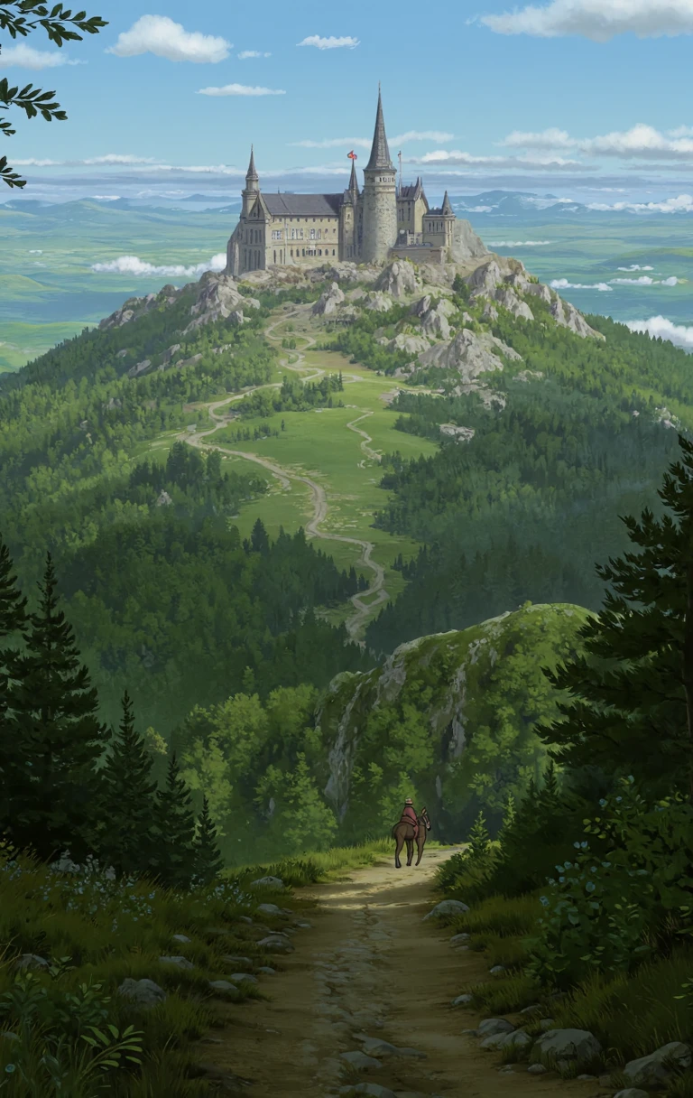 sgbl artstlye large beautiful castle on a hill above a forest, a knight on a horse can be seen riding up the winding path to the castle