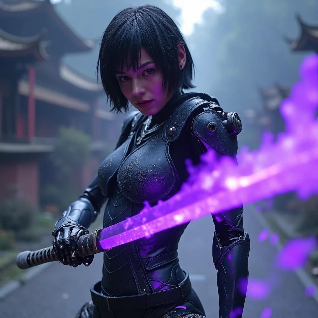 (A cinematic shot of a beautiful 3mc0rr female cyborg, detailed face features, black hair, robotic arms, robotic legs, holding a purple glowing katana by the handle in attacking pose, purple fire around the katana blade, best quality, amazing details, temple in background:1.2),