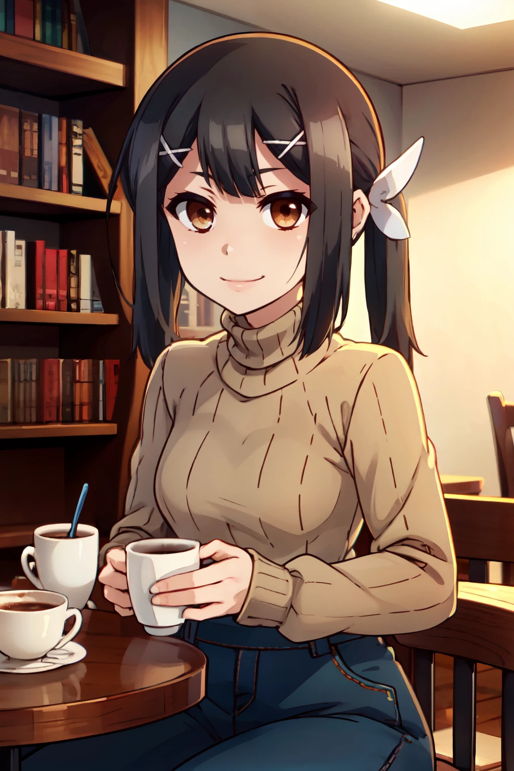 ((masterpiece,best quality)), absurdres,  BREAK, , <lora:MiyuEdelfelt_SD:0.7>, zzMiyu, twintails, hair ribbon, x hair ornament, brown eyes, , BREAK, turtleneck sweater, earrings, library, cup of coffee, sitting at table, BREAK, solo, smile, looking at viewer, cowboy shot,