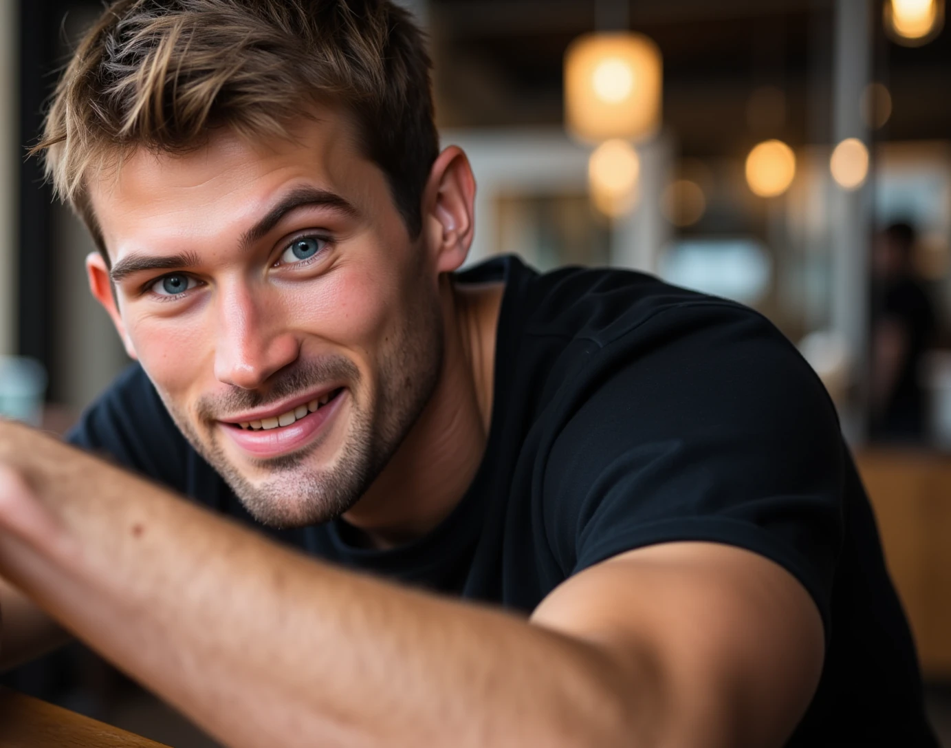 (victor, 21 yo male model, athletic, facial hair, blue eyes) Sitting at a coffee shop, leaning over to the viewer, looking at viewer, reaching out for the viewer's hand, smile. Luxury shirt. Close up view, portrait.