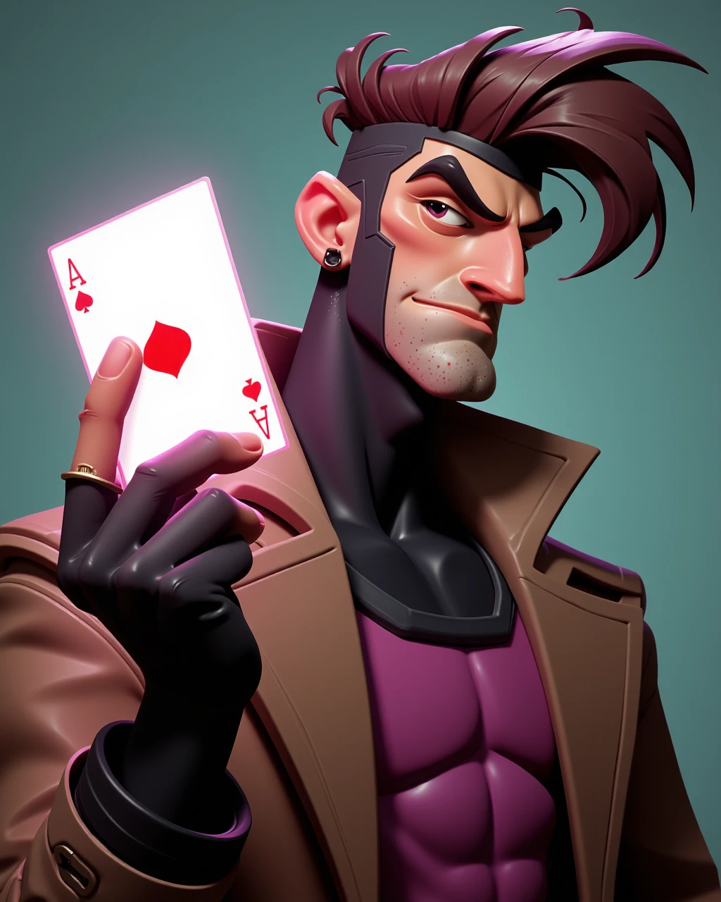 Gambit aiai-G4mb1t holding a playing card between two fingers, cool smile, cocky