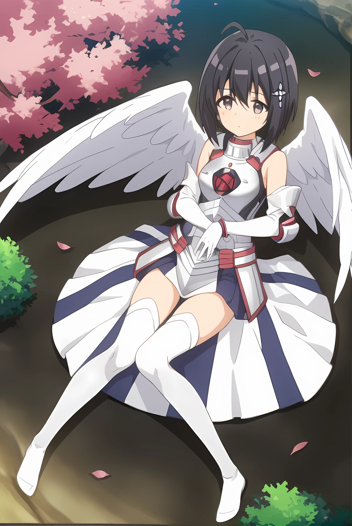 (white armor white gloves white sleeves white thighhighs white wings), bof-maple, black hair, hair ornament, medium breasts, 1girl, solo, skinny, feet, score_9, score_8, score_7, source_anime, blush, outdoors, (1.3::full body|sitting|standing|lying|0.6::close-up| :1.20), <lora:bof-maple-V01-000005:0.90>