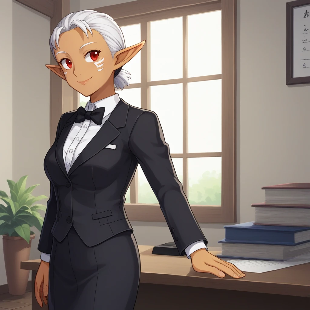 score_9, score_8_up, score_7_up, score_6_up, score_5_up, score_4_up, zPDXL2,source_anime,rating_questionable,1girl, cowboy shot,indoors, tuxedo, office, window, smile, <lora:Impa_-_Ocarina_of_Time:0.8>Impa_OoT, red eyes, pointy ears, dark skin white hair, short hair, eye marks,