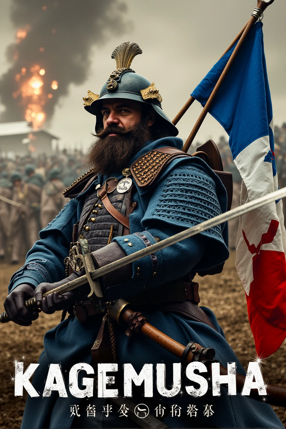 Movie poster title "KAGEMUSHA" in stylized Asian font; A french soldier sporting a huge beard and moustache is standing in his blue uniform and crested helmet, a Sashimono French flag on his back, holding a huge shining katana and wearing samurai armor, ready for battle, with a background of medieval japan covered by artillery bombardment<lora:french_soldier_flux_v1:1>