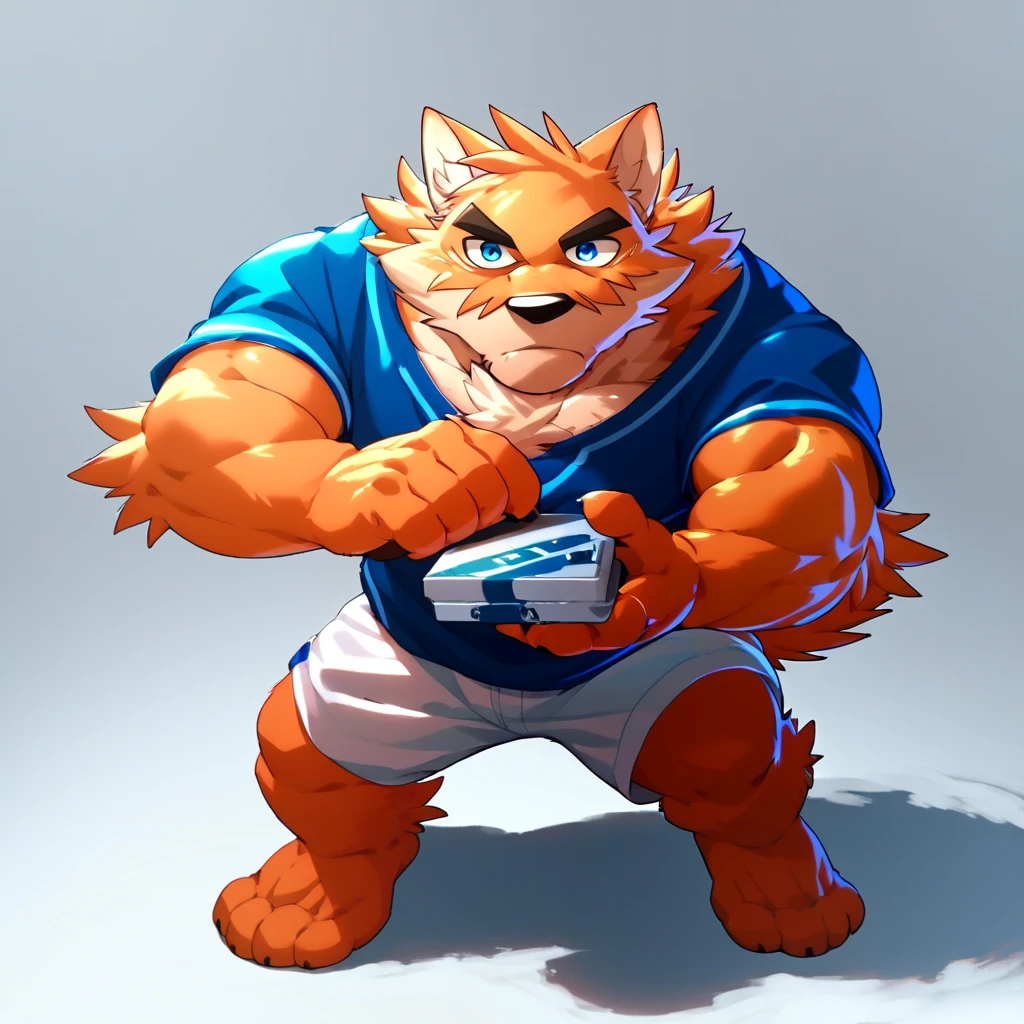 score_9_up, score_8_up, score_7_up, source_furry, takemoto_arashi-otake, furry male, solo, 1boy, orange fur, muscular, blue eyes, full body, holding bom,