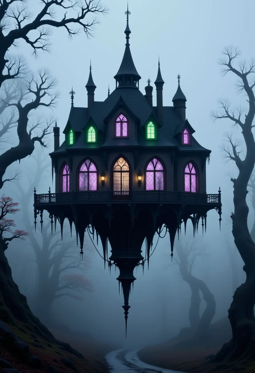 Faeothic. An manor suspended in mid-air, with windows glowing in eerie purples and greens. The roof points toward the ground, with its intricate spires forming patterns like a surreal chandelier. A thick fog surrounds the structure, with hints of twisted trees barely visible through the mist.