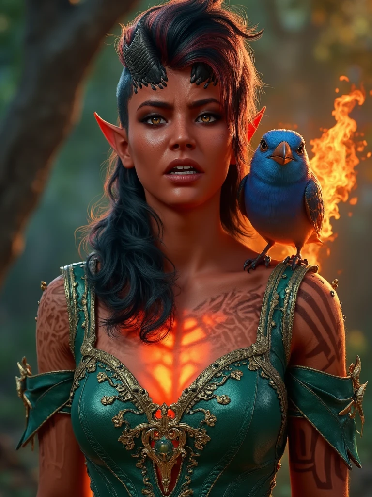 realistic krlch woman wearing a princess green gown, Orange glowing chest, Disney princess, a blue bird sits on her shoulder. the woman is shocked and surprised, black hair, the bird is on fire, best quality, 4k, 8k, high resolution, cinematic, vibrant, intricate, Hyperrealistic, high detail