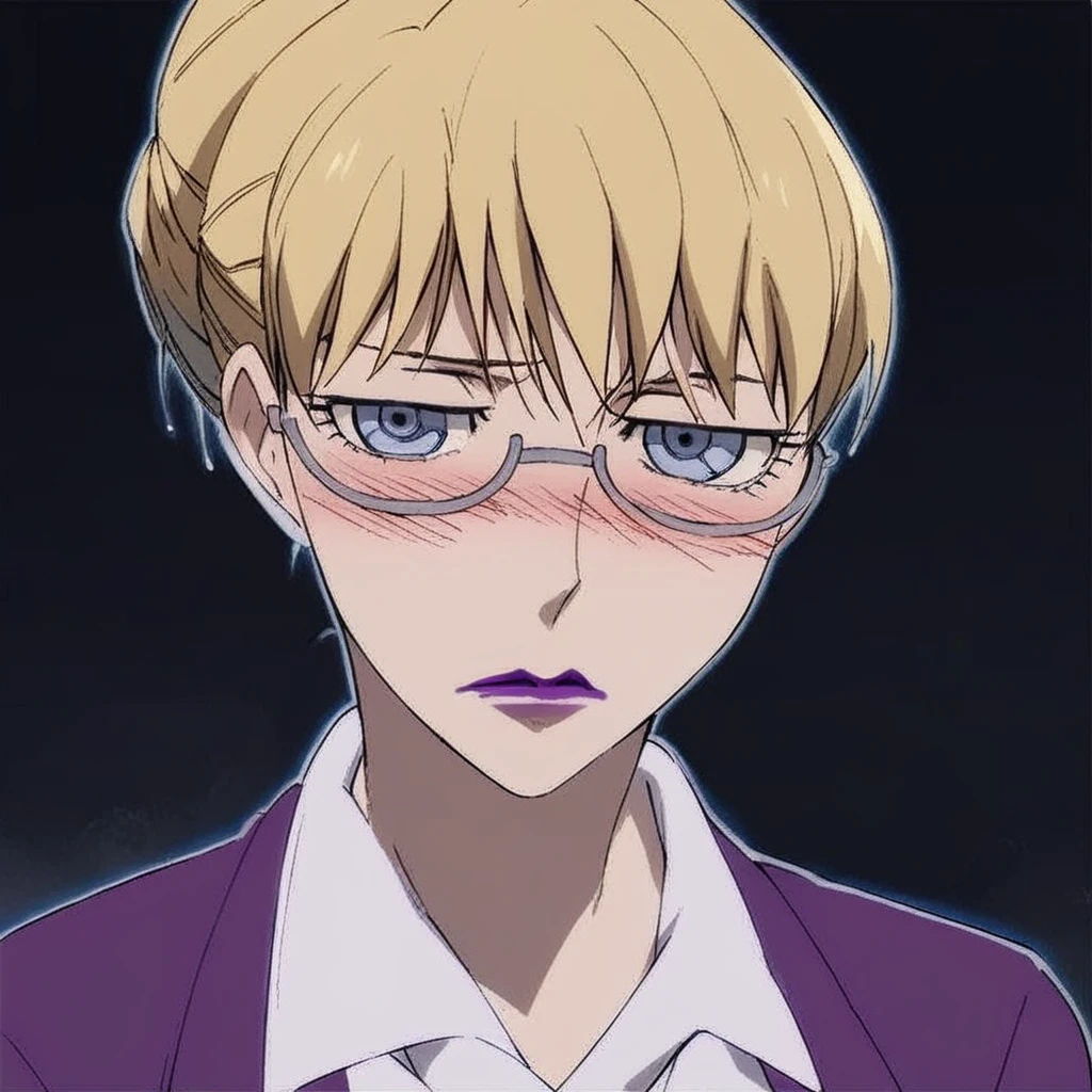 score_9, score_8_up, score_7_up, source_anime, expressive, anime, Artist speedlines, dynamic, D4RK3RTH4NBL4CK, BR1T4, 1woman, (brita_(darker_than_black):1.2), blonde_hair, blue eyes, purple_lips, glasses, business_attire, serious_expression, anime_girl, purple_jacket, white_shirt, tied_hair, female, looking at viewer, facing viewer, bare_legs, high_heels, blush, blushing, embarrassed, dark background, Artist style:komori_takahiro