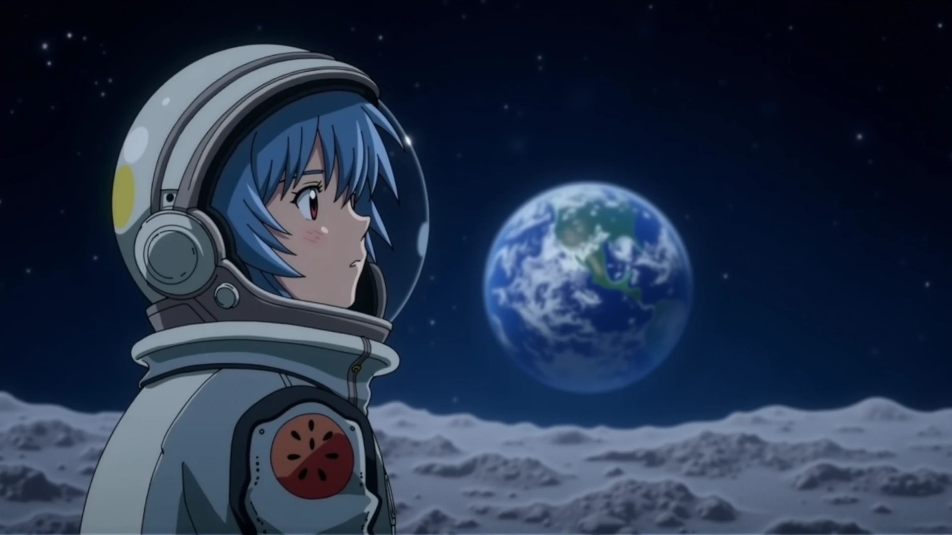 A detailed solo portrait of ppayanamirei. She has pale blue hair.
She is wearing a space suit and helmet, on the wilderness on the moon surface. She looks into the dark sky, where earth is visible. Focus on the upper body so her facial expression can be seen through the helmet, and the wilderness of moon surface is in the background.
anime still, highly detailed. No flat color, no hand drawn, no fan art.
 <lora:Ayanami Rei - Flux prototype_epoch_3:1>, anime.