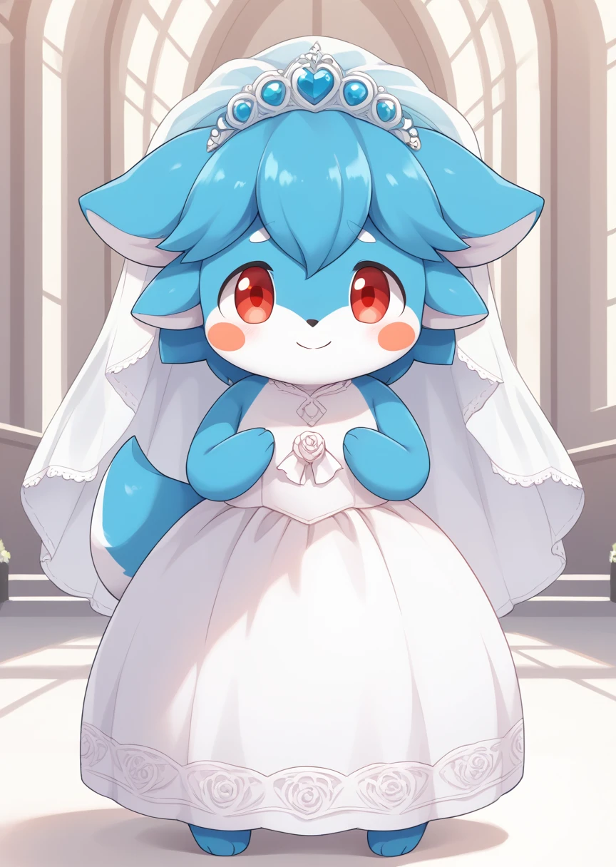 score_9_up, score_8, score_7, score_6, BREAK
Palimu, solo, looking at viewer, red eyes, closed mouth, standing, full body, no humans, blush stickers, blue fur, BREAK
detailed background, church, wedding dress, wedding veil, shy, blushing, smile, happy