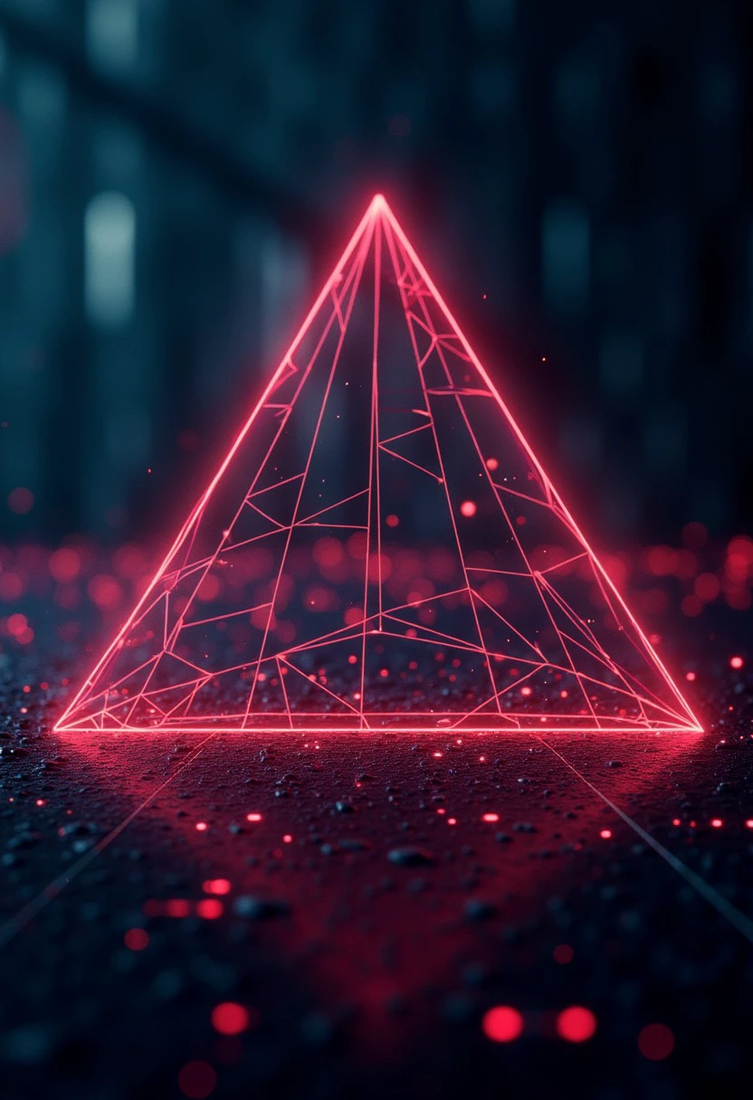 wireframe triangular pyramid, glowing lines, render, futuristic, glitch, depth of field, matrix, 7-retrofuturism