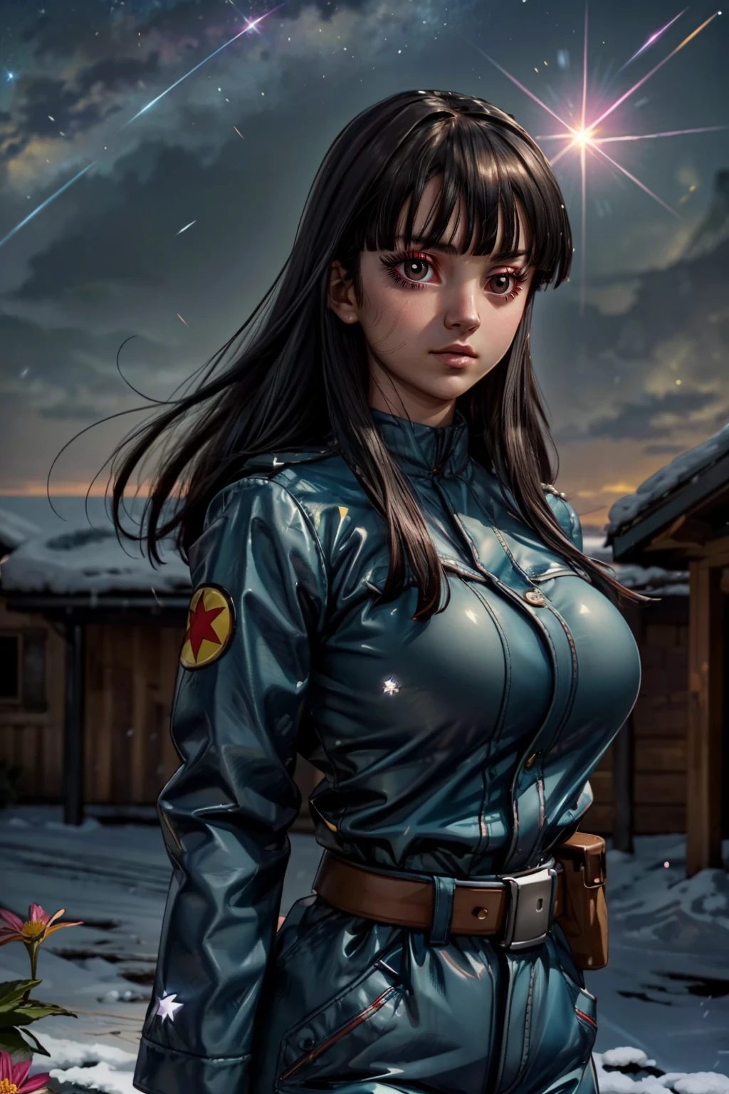 (ultra realistic,32k, masterpiece:1.2),(high detailed skin:1.1),( high quality:1.1), <lora:IllyasvielVonEinzbern_v1:0.7>, zzIllya, looking at viewer, night, outdoors, snowing, sky, BREAK,   <lora:FutureMai_DragonBall:0.7>,  zzMai, long hair, black hair, black eyes, blunt bangs,  military uniform, belt,   BREAK,  blooming stars, luminescent petals, otherworldly fragrance blurry background, (looking at viewer, standing:1.1), huge breast, large breast, <lora:add_detail:0.92>, (glowwave:1.1),