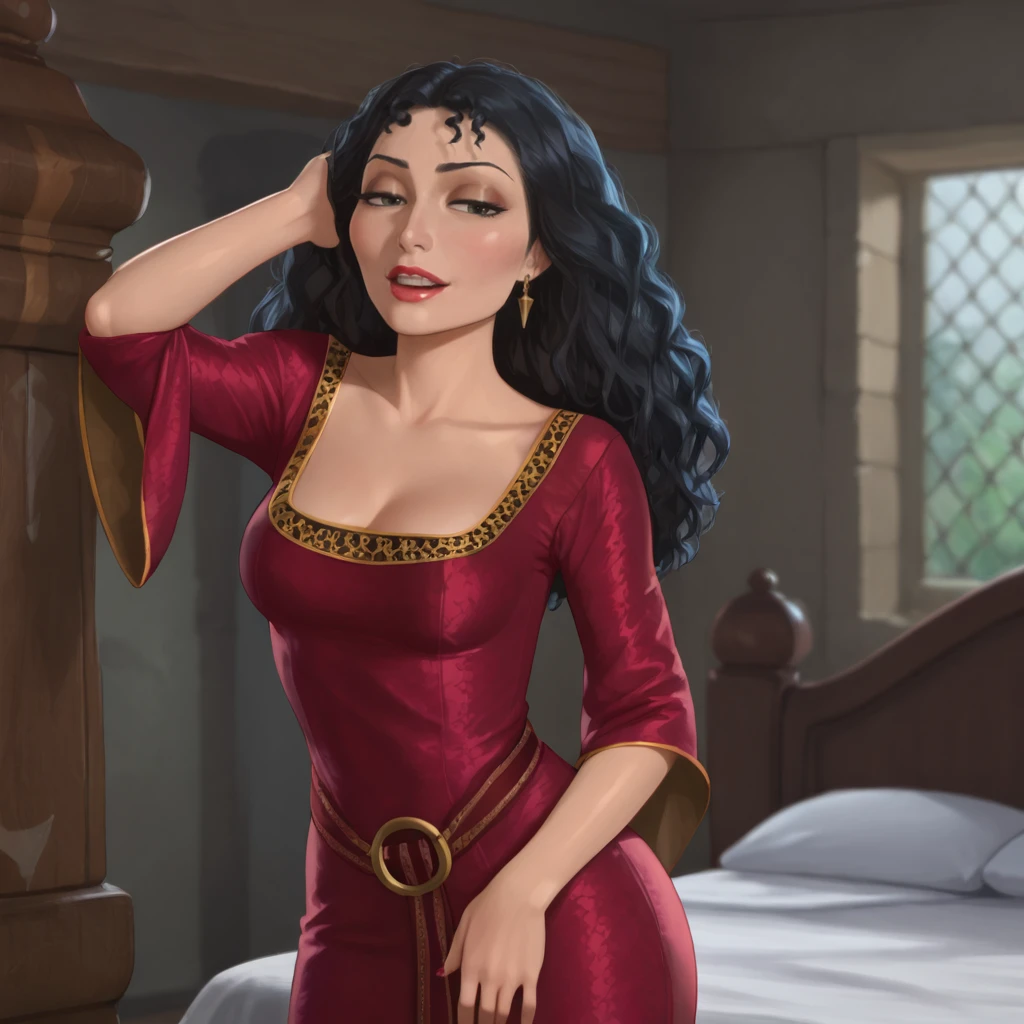 <lora:mothergothel_pony_v1:.8>mothergothel, 1girl, jewelry, earrings, red dress, makeup, long hair, black hair, lipstick, long sleeves, breasts, fingernails, dark skin, cowboy shot