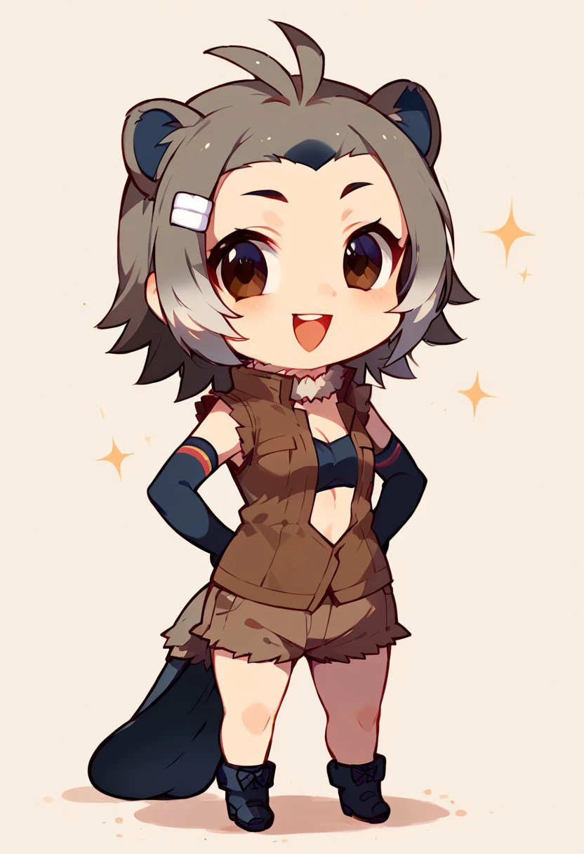 1girl, ((solo)), best quality, ultra-detailed, extremely detailed, perfect anatomy, masterpiece, score_9, score_8_up, score_7_up, american beaver (kemono friends), animal ears, brown eyes, tail, grey hair, antenna hair, multicolored hair, short hair, hairclip, elbow gloves, black gloves, brown jacket, open jacket, sleeveless, fur collar, shorts, bikini top, shoes, standing, hands on hips, open mouth smile, cute look, confident look, looking at viewer, happy, posing, simple background, (chibi:1.3),