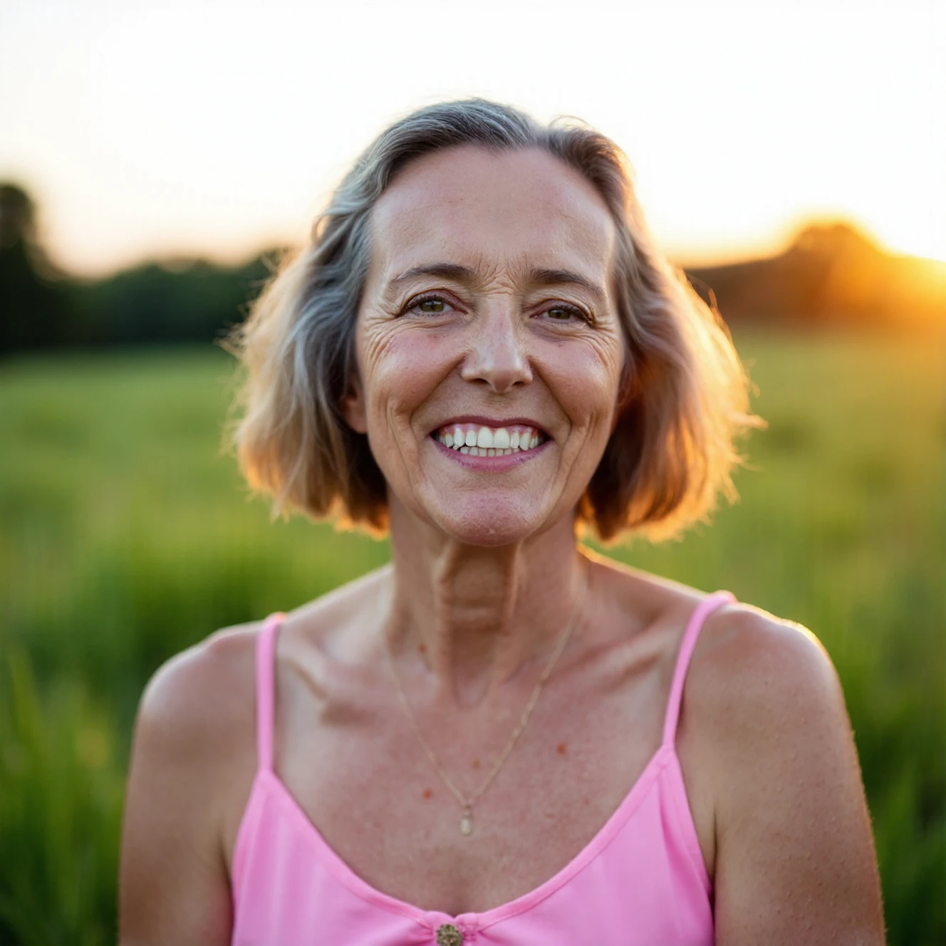 RAW photo, a candid full body portrait of a beautiful 70 year old woman, wrinkled face, (pink summer dress) in early morning light, golden hour, natural sunlight, 8k uhd, dslr, soft lighting, high quality, film grain, Fujifilm XT3
<lora:FLUX_polyhedron_all_1300:0.5> (pointy chin:1.5), (no cleft chin), (no chin dimple)   <lora:FLUX_polyhedron_chin_teeth_mouth-epoch000002:0.5>
(dappled light on face), sun on skin, spotlight on face, pointy chin, tiny teeth, closed mouth, (no freckles:0.5), perfect eyes, glowing irises, even eyes, even pupils, round iris, detailed pupils, light reflections, visible cornea, blood vessels, (wet skin:1.1), (sweat:1.1), white winter skin, wax skin, marble skin, pale skin, clear skin, [[skin blemishes]], skin pores, blush, flushed cheeks, [[[[[moles]]]]], wrinkles, [[[[vitiligo spots]]]], [[whiteheads]], [[[blackheads]]], [pimples], perfect hands, shiny bright eyes, centered pupils, blood vessels in sclera, detailed skin, [[oiled shiny skin]], beauty spots, skin fuzz, sss, subsurface scattering, shine from within, hands off face, not asian
background is a meadow at sunrise