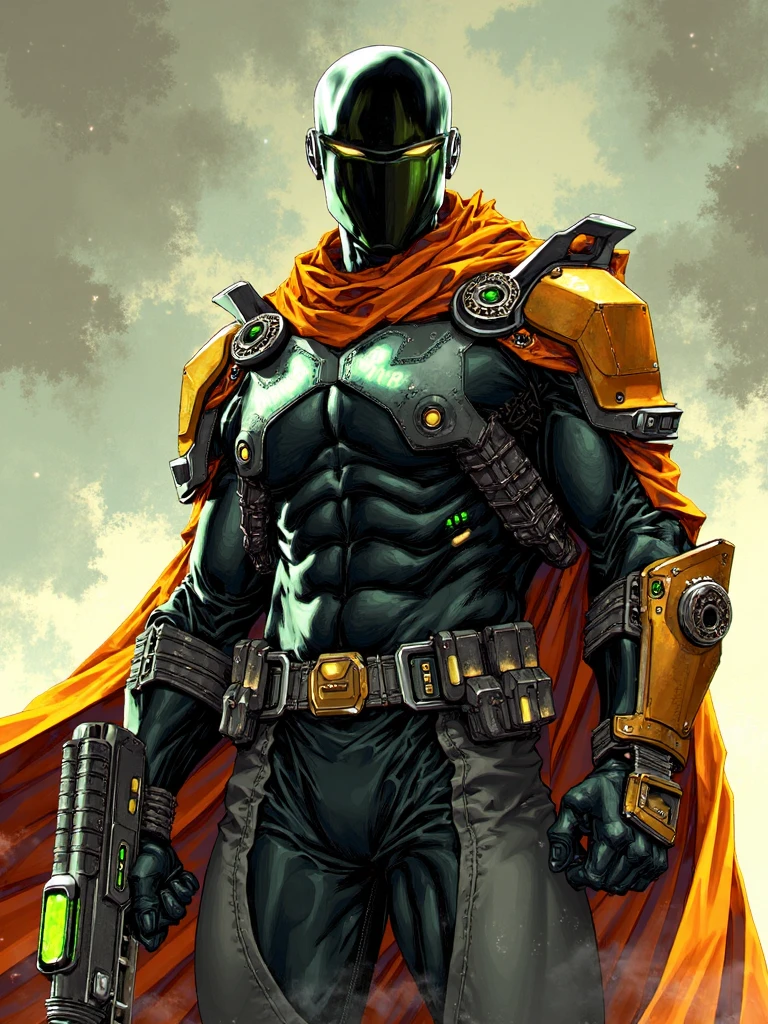 kaelngu style, comicbook illustration, Depicts a futuristic armored figure standing in a poised stance. The figure is adorned in a sleek dark suit with orange and silver accents complemented by a helmet with a visor that obscures the face. The suit is equipped with advanced technology including glowing green hexagonal patterns on the chest and arms. The figure holding in his left hand a futuristic assault rifle weapon with a yellow light at its tip. The character's attire is complemented by a long flowing cape that drapes over the figure's shoulders adding a sense of movement to the technologically advanced setting <lora:SXZ_Kael_Ngu_Flux:1>