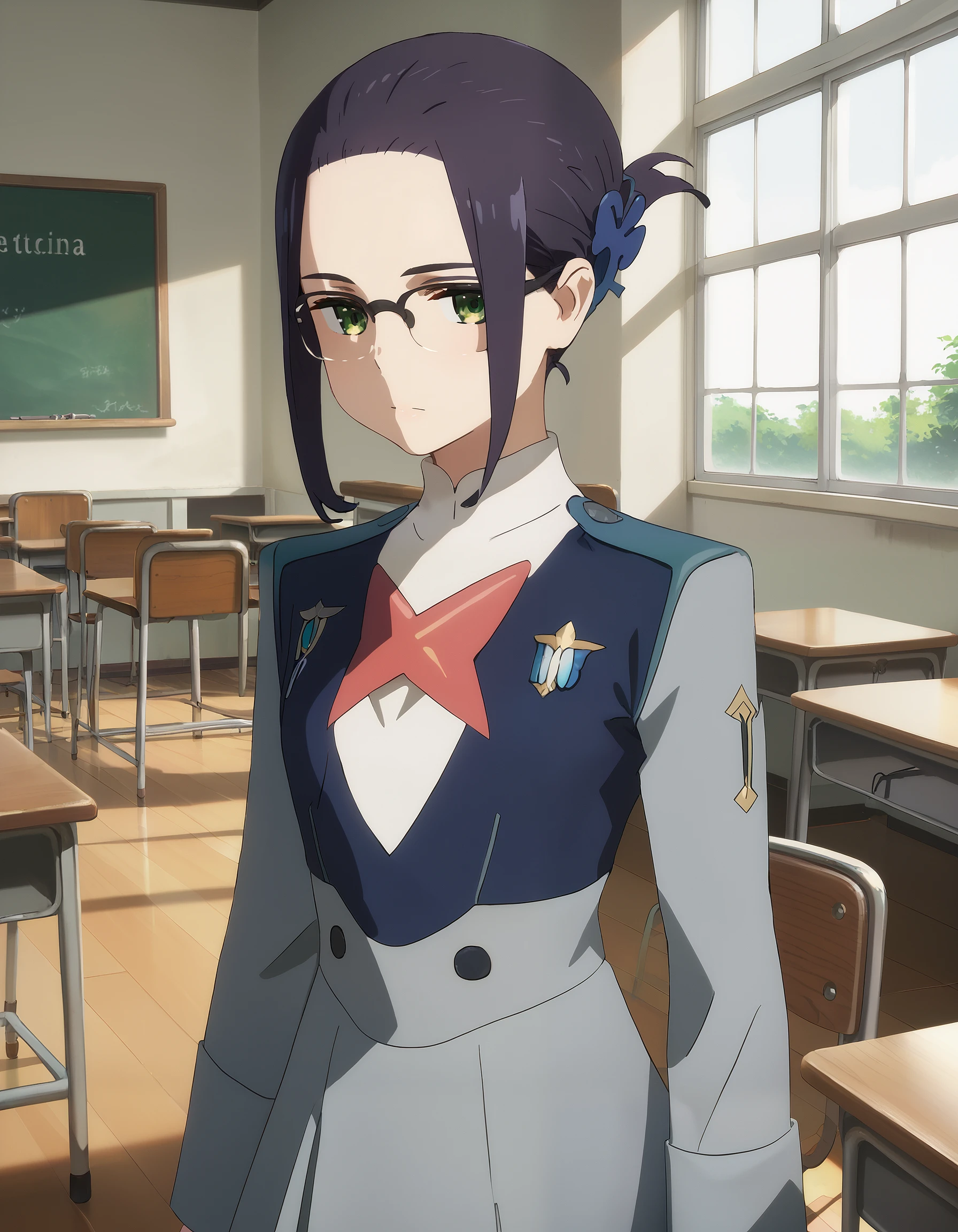 score_9, score_8_up, score_7_up, source_anime, masterpiece, best quality, perfect anatomy, very aesthetic, absurdres, 1girl, solo,

ikuno_franxx, black hair, short hair, hair ornament, butterfly hair ornament, bangs, green eyes, glasses,
military uniform, white blouse, two tone jacket, gray and blue jacket, gray skirt,

indoors, classroom, looking at viewer, cowboy shot,