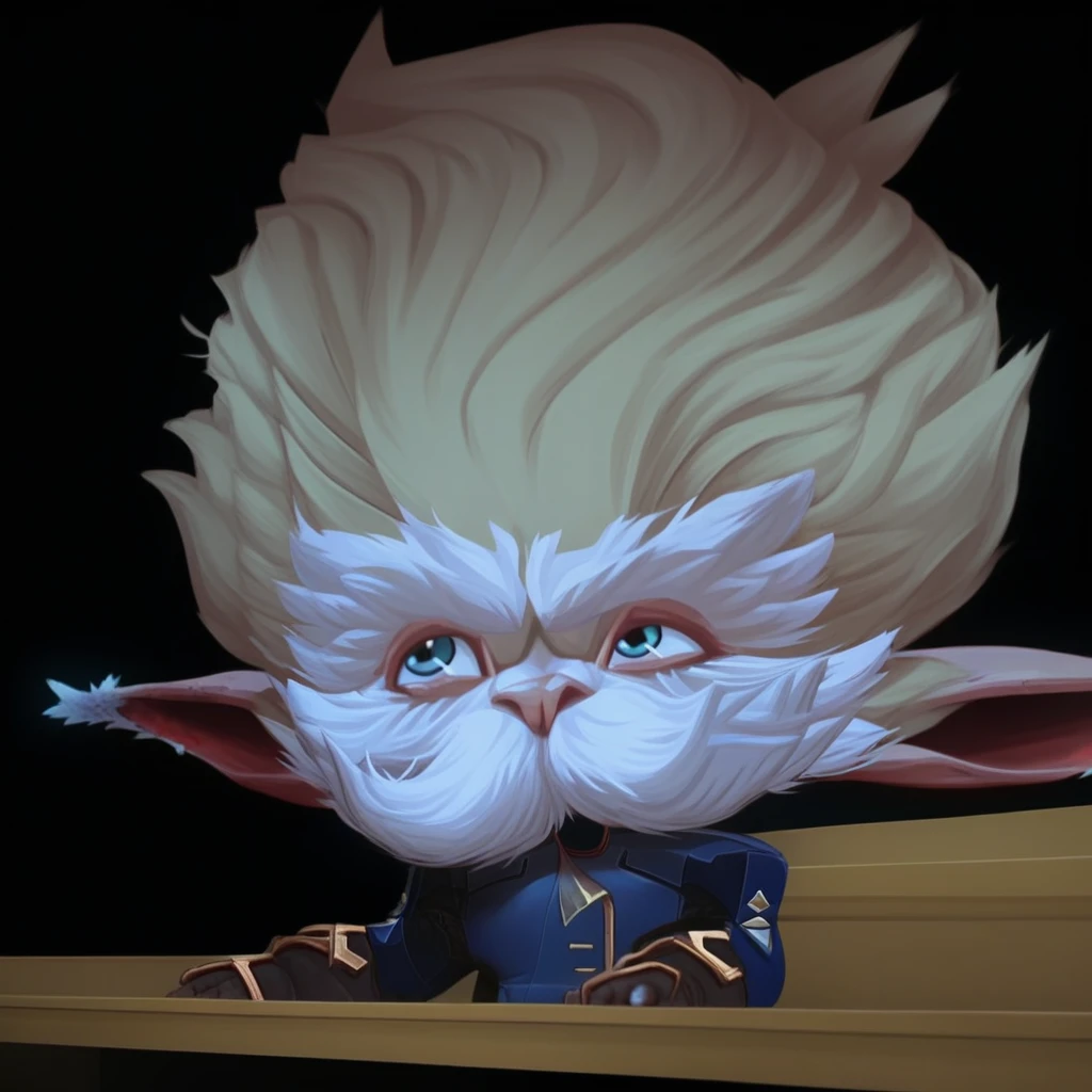 heimerdinger blue eyes facial hair blond at a desk mad black background