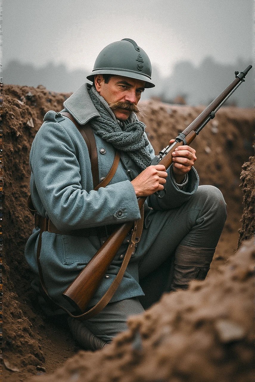 A WW1 French Poilu kneels in a trench, his trench coat draped over his shoulders, offering some protection from the cold. His horizon blue uniform is weathered, and his thick mustache is visible under his Adrian helmet. He carefully cleans his Lebel rifle, preparing for the next onslaught, with the sounds of distant artillery filling the air. <lora:french_soldier_v1k:1>