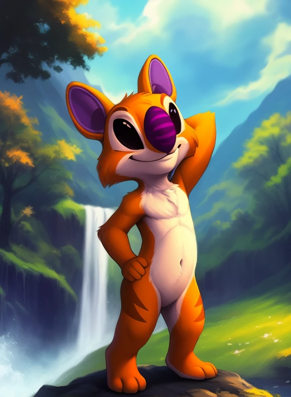 <lora:SampleLiAnStFurryMix:1> SampleLiAnSt,  naked, purple nose, orange fur, black eyes, black sclera, chibi,
[  (nature), forest, day, clouds, waterfall,  smile,]  ((Hands on hips, standing,hand behind head,))
(beautiful, aesthetic, perfect, delicate, intricate, saturated colors), masterpiece, digital drawing, best quality,
[by dagasi|ancesra:0.6], [by foxovh|personalami:0.5], [by einshelm|tom_fischbach],