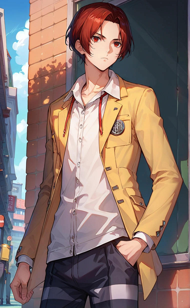 1 boy,male focus,wonder_p5x,solo,red eyes,dark red hair,short hair,eyelash,expressionless,yellow jacket,school uniform,pants,outdoor,school,,score_9,score_8_up,score_7_up,source_anime,,<lora:Wonder:0.8>,<lora:Smooth Anime Style LoRA XL:0.8>