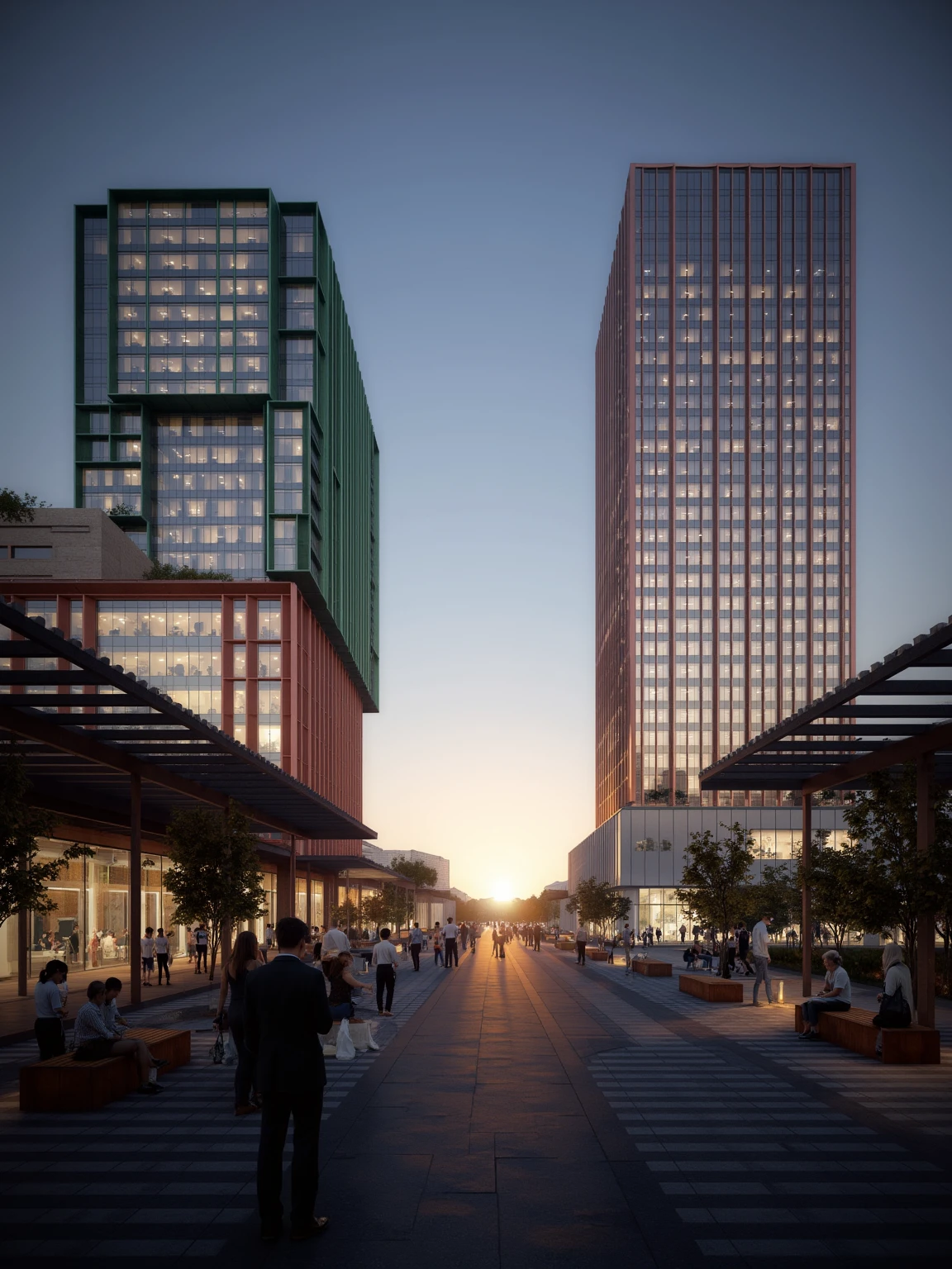 a modern urban landscape at sunset. The scene is dominated by two tall buildings with distinct architectural styles. On the left, there's a curved structure with a vibrant facade that features a mix of red and green hues, while on the right stands a towering rectangular building with a glass exterior reflecting the warm colors of the setting sun.
In the foreground, there's a pedestrian plaza where people are seen walking around, sitting on benches, or standing under wooden pergolas. The plaza is designed with a striped pattern on the ground, adding to the overall aesthetic of the area.
As the camera pans across the scene, it captures the changing light conditions, highlighting the contrast between the illuminated facades of the buildings and the gradually darkening sky. The overall atmosphere is one of calm and leisure, as if inviting viewers to take a moment and appreciate the beauty of urban life.