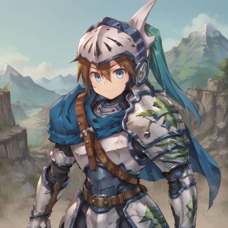 score_9, score_8_up, score_7_up, score_6_up, source_anime, BREAK, <lora:Durant:0.90>, durdef, 1boy, brown hair, short hair, hair between eyes, blue eyes, visor \(armor\), (helmet), blue plume, white armor,  short blue cape, shoulder belt, single pauldron, shoulder armor, gauntlets, greaves, ((cowboy shot)), confident expression, (solo), smile, closed mouth, looking at viewer, exterior, mountain, cliffs, wasteland, <lora:backgroundsetXL:0.2> , background,   <lora:d4rkpurpXLP:0.3> , d4rkpurp,