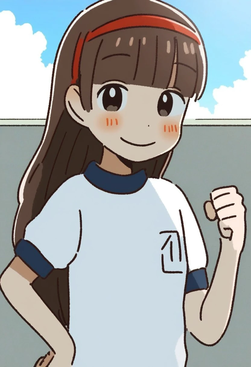 1girl, solo, long hair, looking at viewer, blush, smile, brown hair, shirt, closed mouth, white shirt, upper body, short sleeves, hairband, outdoors, sky, day, cloud, blunt bangs, blue sky, hand on hip, headband, cloudy sky, clenched hand, gym uniform, dot nose, red hairband, split mouth, red headband