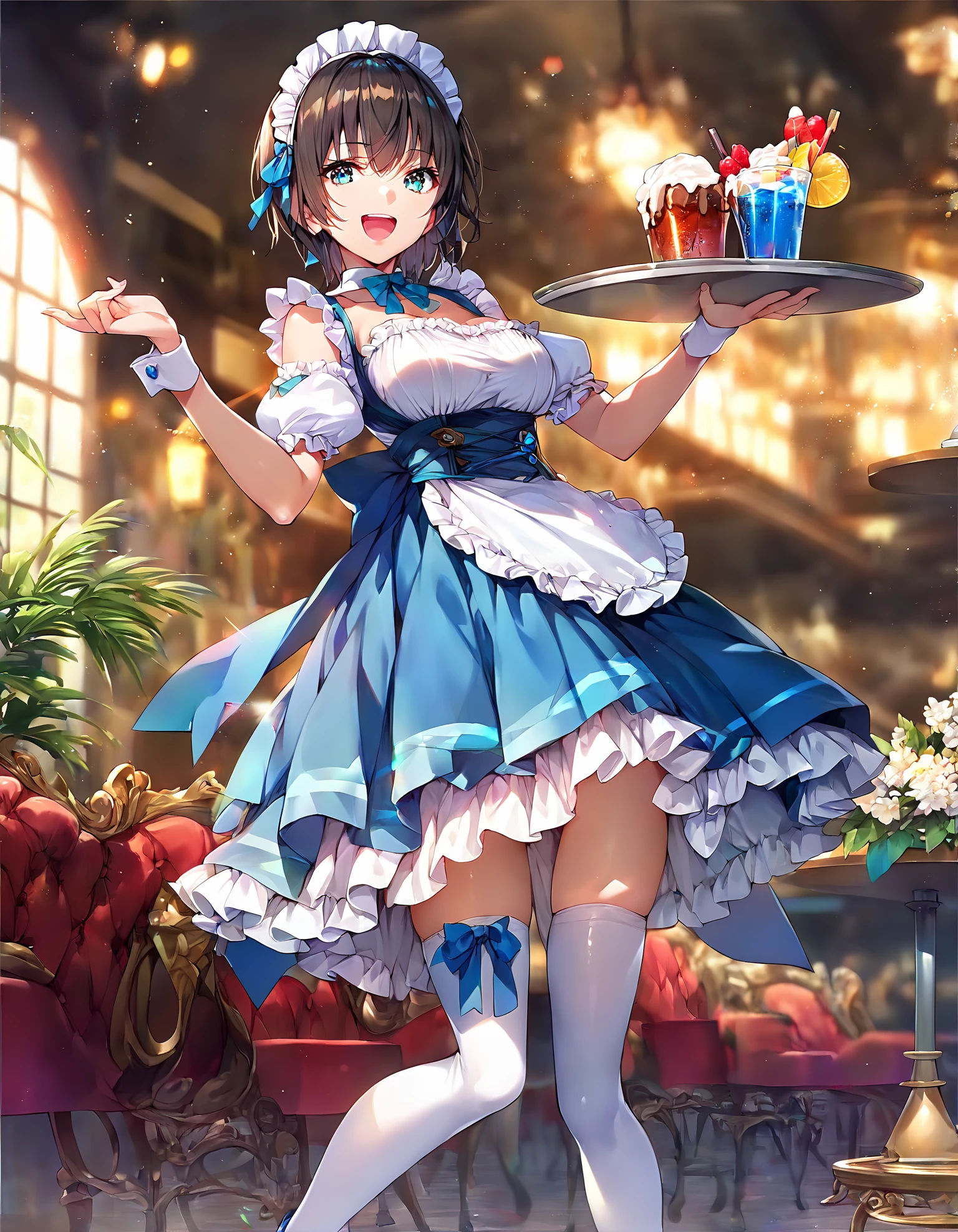 <lora:pony_xl_aoi:0.9>,aoi,score_9,score_8_up,score_7_up,source_anime,best quality,masterpiece,super fine illustration,1girl,solo,maid,maid headdress,choker,blue dress,bare shoulders,waist apron,back bow,puffy sleeves,detached sleeves,wrist cuffs,frills,white thighhighs,shoes,zettai ryouiki,holding,tray,holding tray,cream soda,blue footwear,food,drinking_glass,cup,laughing,restaurant,day,cowboy_shot,looking_at_viewer,