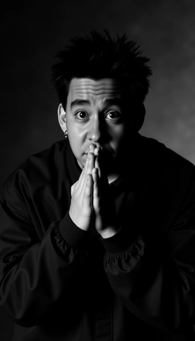 Black and white portrait photography in contemporary style. The image captures Mike Shinoda in a thoughtful pose with his hands brought together near his face, fingers interlaced. He wears a long-sleeved shirt, and his expression is pensive, slightly melancholic. The background features a play of shadows, creating depth and contrast. Soft lighting highlights the contours of his face, giving the scene a dramatic and introspective mood. The photograph emulates the essence of emotional and artistic expression through minimalist composition.