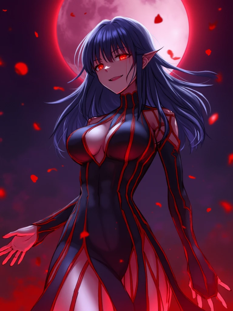 a girl wear dark sakura bodysuit, she has long blue hair and golden eyes.\n\na blood moon in the night.