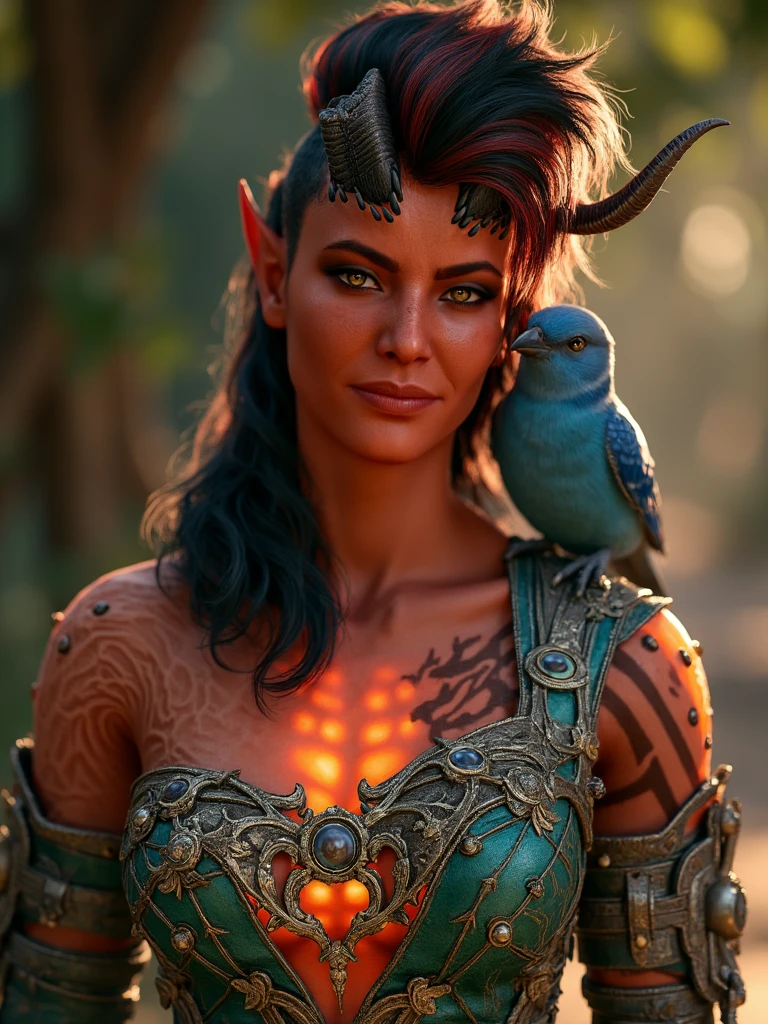 realistic krlch woman wearing a princess green gown, Orange glowing chest, Disney princess, a blue bird sits on her shoulder. the woman is happy, black hair,, best quality, 4k, 8k, high resolution, cinematic, vibrant, intricate, Hyperrealistic, high detail