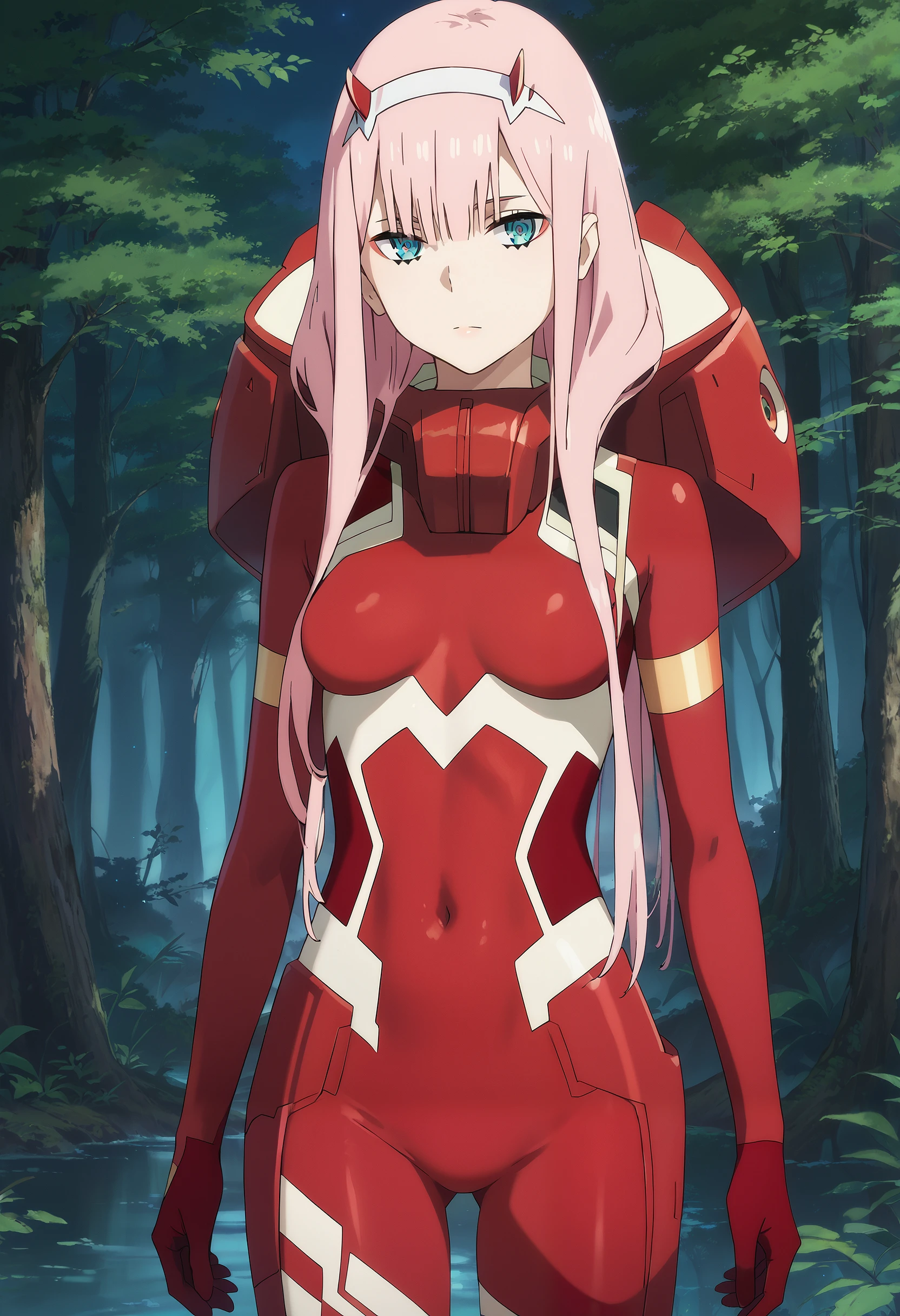 score_9, score_8_up, score_7_up, source_anime, masterpiece, best quality, perfect anatomy, very aesthetic, absurdres, 1girl, solo,

zero_two, pink hair, long hair, horns, hairband, blue eyes, make up,
bodysuit, red bodysuit,

outdoors, forest, night, looking at viewer, cowboy shot,