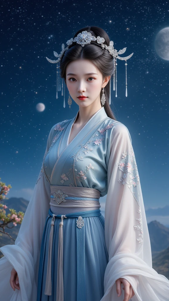 1qqq,upper body,hanfu,looking at viewer,a woman dressed in a traditional chinese hanfu,set against a cosmic backdrop,the woman is adorned with a silver headpiece and her attire is flowing,with intricate patterns and designs,the environment is filled with stars,giving the impression of a night sky,the details of the hanfu,including its layers and the way it drapes,are meticulously captured,emphasizing its elegance and cultural significance,at night,the background is a starry sky,physically-based rendering,extreme detail description,Vivid Colors,ultra-fine painting,