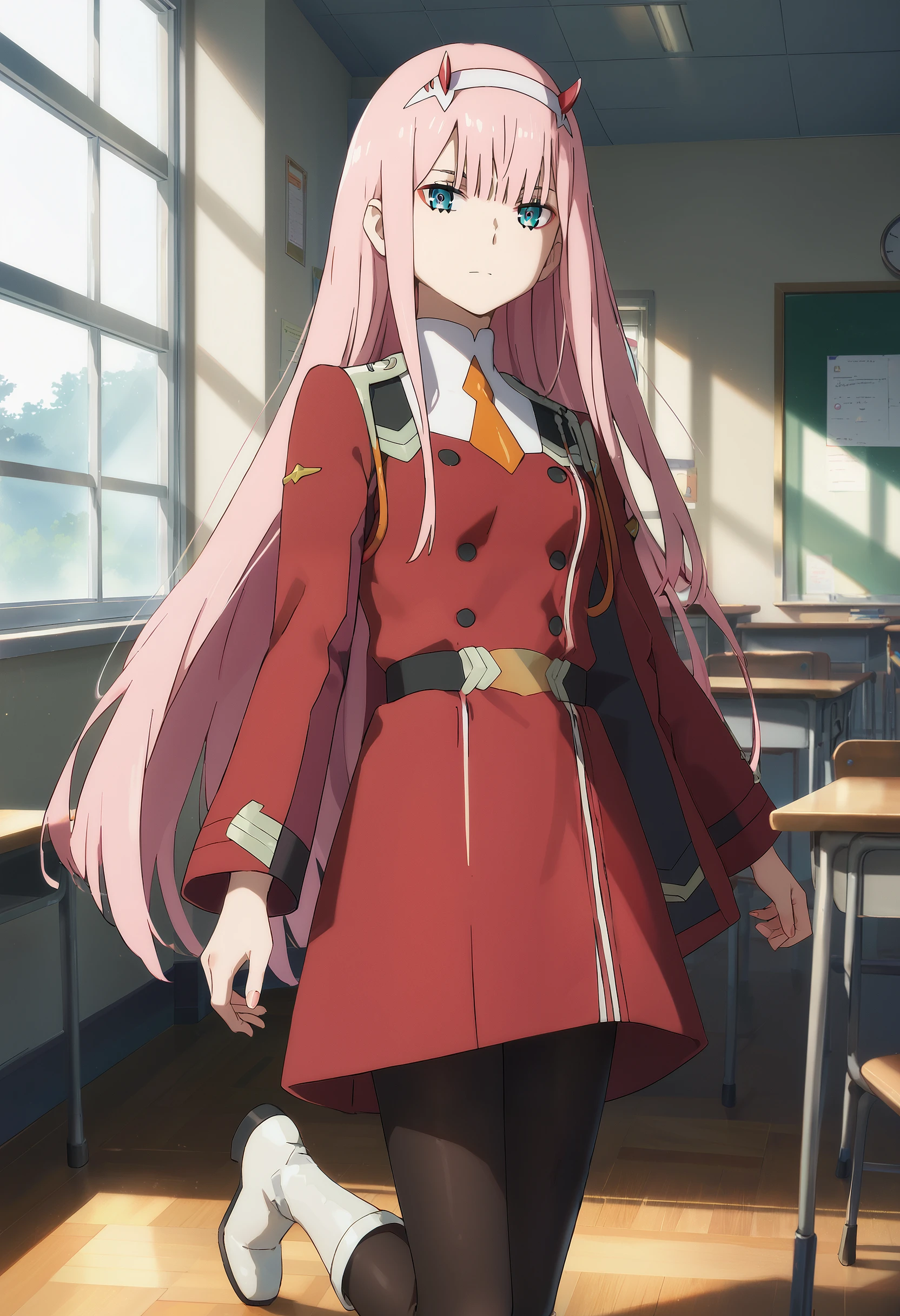 score_9, score_8_up, score_7_up, source_anime, masterpiece, best quality, perfect anatomy, very aesthetic, absurdres, 1girl, solo,

zero_two, pink hair, long hair, horns, hairband, blue eyes, make up,
military uniform, red jacket, orange necktie, belt, black pantyhose, white boots,

indoors, classroom, looking at viewer, cowboy shot,