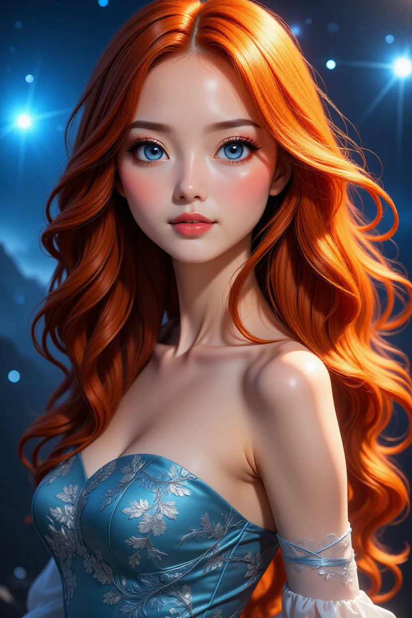 1 girl, most beautiful girl in the universe, perfect beautiful face, beautiful depp blue-silver eyes, extreme long fiery red hair, shy smile, slim body, small breasts, (colorful half-transparent dress, strapless, sleeveless), universe in background, (masterpiece:1.2), (best quality:1.2), newest, ai-generated, ultra-detailed, best shadow, detailed background, high contrast, (best illumination, an extremely delicate and beautiful), ((cinematic light)), hyper detail, dramatic light, intricate details, 8k, anime, very aesthetic,