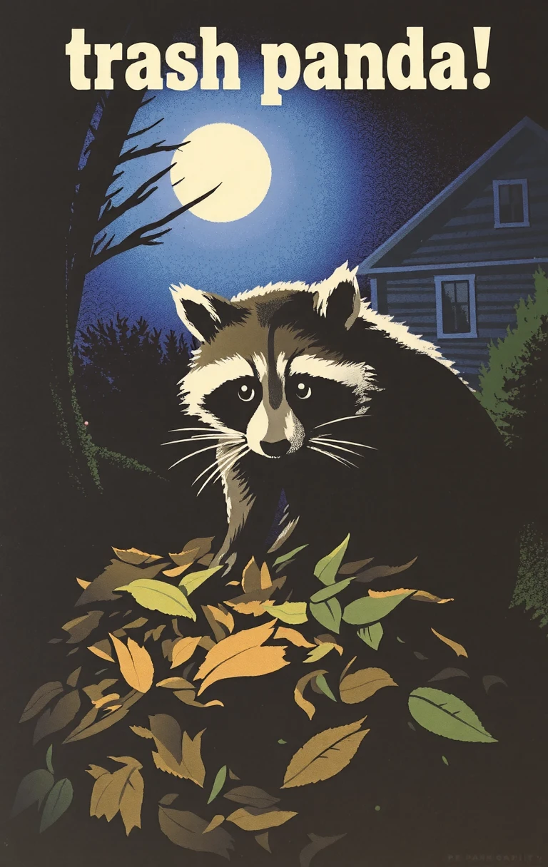 propaganda poster A curious raccoon rummaging through a pile of leaves at night, its eyes shining in the moonlight as it searches for food in a quiet, suburban backyard. text reads "trash panda!" at top