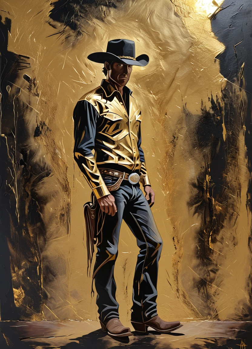 foilart, abstract, western, cowboy, standing, night, black, gold, <lora:Foil-Art:0.8>